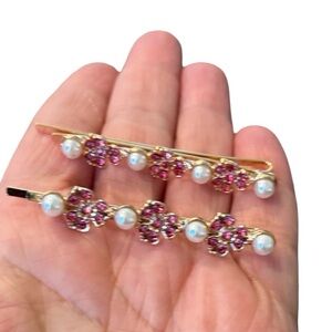 Pink Crystal Rhinestone and Gold Hair Clips with Pearls 2.5”